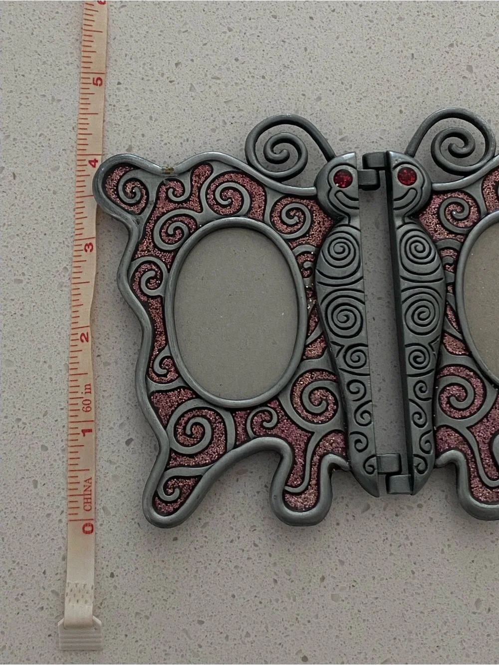 Double vintage photo frame with butterfly design; miniature model